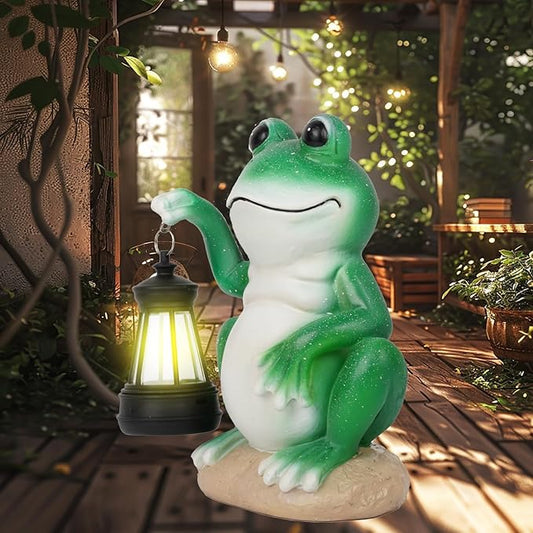 Frog Garden Statues with Solar Lantern, Outdoor Figurine Resin Sculpture Hanging Solar Power Lights for Decoration Yard Patio Balcony Lawn Ornament Art Decor, Unique Gift for Grandma Wowen Mom