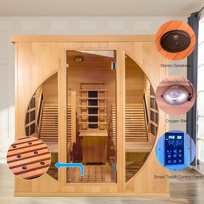Smartmak Full Spectrum Infrared 2 Person Sauna Room, Red Light Therapy Luxury Wood Home Sauna with Recliner, Canadian Hemlock Indoor Dry Saunas Spa, 3400W with 10 Heaters, Speakers, Lights, Oxygen Bar