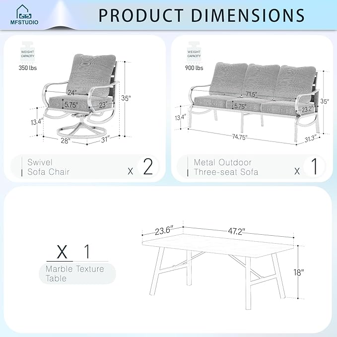 MFSTUDIO 4 Pieces Patio Conversation Sets(5 Seat),Outdoor Metal Furniture Sofas with 1 Loveseat(3 Seat), 2 Swivel Chairs,1 Coffee Table,Wrought Iron with Navy Cushion for Patio Courtyard Balcony
