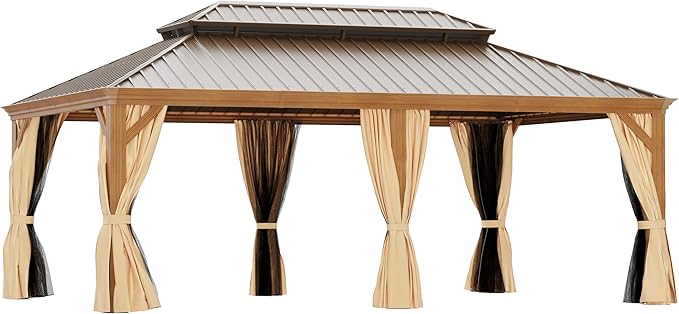 14' X 20' Hardtop Gazebo, Aluminum Wood-Looking Frame Outdoor Permanent Galvanized Steel Double Roof Pavilion Pergola Canopy with Privacy Curtains for Garden, Patio, Backyard, Deck and Lawns.
