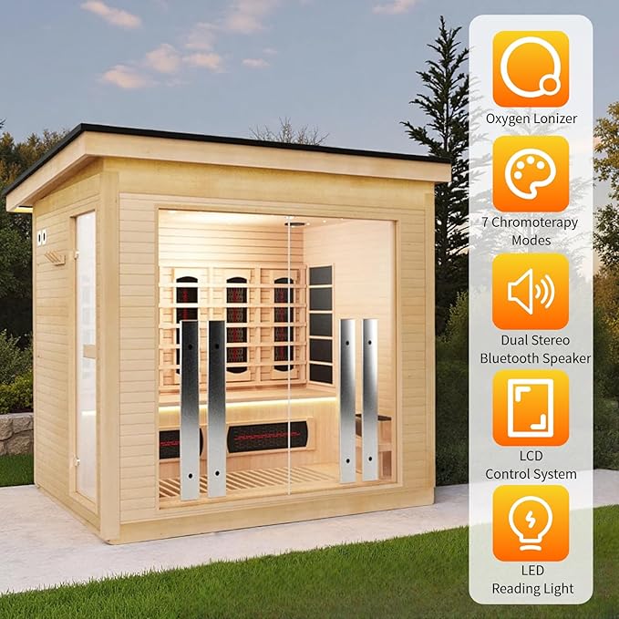 4-Person Far Infrared & Steam Dual-System Sauna Room, Outdoor Canadian Hemlock Wood Sauna, WiFi Control, Red Light Therapy, 14 Heaters& Electric Stove, Left Door, 220-240V