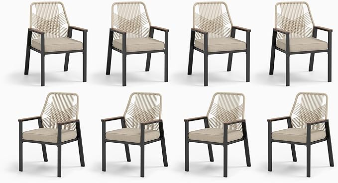 Patio Wicker Chair Sets of 8, Outdoor Dining Chairs with 3.1 inch Seat Cushions, Sturdy Metal Frame & Wood Grain Armrest, Beige