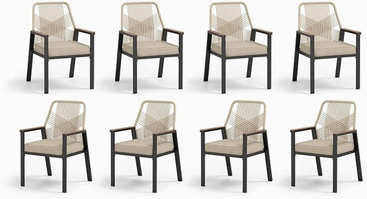 Patio Wicker Chair Sets of 8, Outdoor Dining Chairs with 3.1 inch Seat Cushions, Sturdy Metal Frame & Wood Grain Armrest, Beige