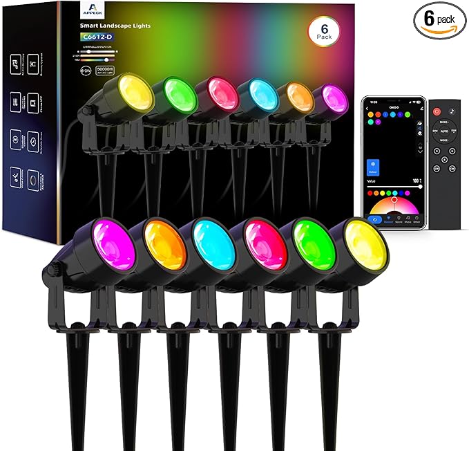 APPECK Spot Lights Outdoor, RGBW Low Voltage Landscape Lighting, Color Changing Uplighting Spotlights with App, IP65 Waterproof LED Outdoor Lights for Garden Yard Outside Decoration, 6 Pack
