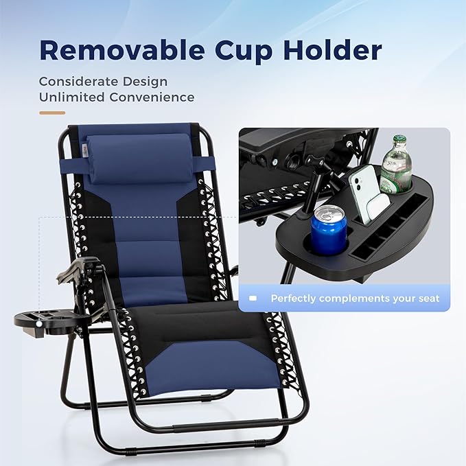MAISON ARTS Oversized Padded Zero Gravity Chairs Set of 2, Folding Patio Lounge Chair, 28" Wide Seat Anti Gravity Recliners for Lawn Outdoor Camping Poolside Yard, Support 400lbs, Blue & Black