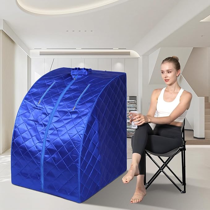 Smartmak Portable Infrared Sauna, Full Size1 Person Far Infrared Sauna Tent, with Heating Foot Pad, Upgrade Chair (L 27.6’’ x W 31.5’’ x H 37.8’’, Blue)