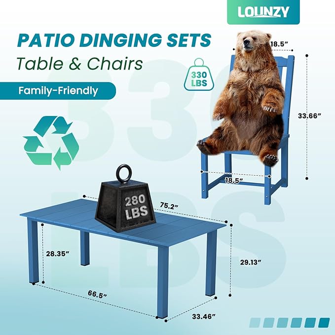 LOUNZY 9 Pieces Patio Dining Sets, Outdoor HDPE Furniture Set for 8 w/ 2" Hole Cut-Out Dining Table with 8 Patio Chairs(2 W/Armrest, 6 w/o Armrest), Navy