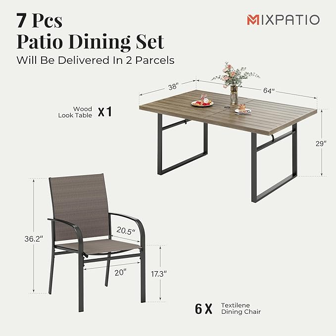 7-Piece Outdoor Dining Set 6 Brown Textilene Chairs and Steel Tabletop with Wood Grain Rectangle Table for Deck Garden Backyard Lawn Poolside