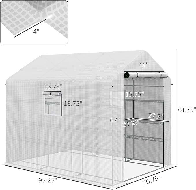 Outsunny 8' x 6' x 7' Walk-in Greenhouse, PE Cover, 4-Tier Shelves, Steel Frame Hot House, Roll-Up Zipper Door for Flowers, Vegetables, Saplings, Tropical Plants, White