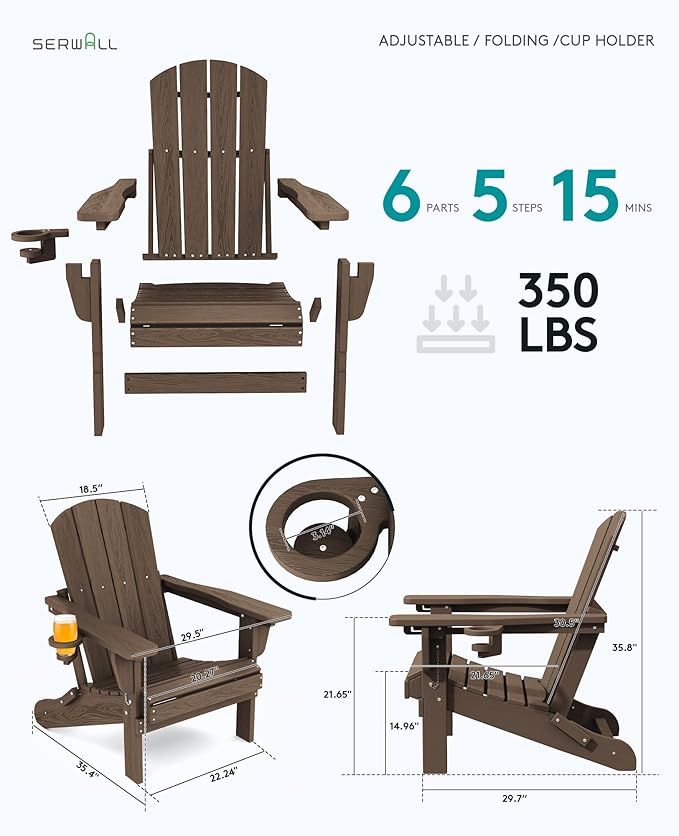 SERWALL Folding Adirondack Chair Set of 4, Adjustable Adirondack Chair with 3 Recline Positions, All Weather HDPE Outdoor Adirondack with Cup Holders, Coffee