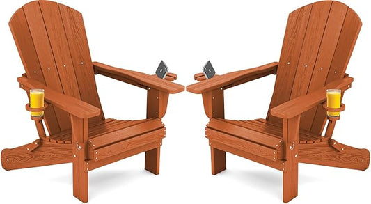 SERWALL Adirondack Chair with Cup Holders - Composite Adirondack Chairs Set of 2 HDPE Outdoor Chairs All Weather Use- Orange
