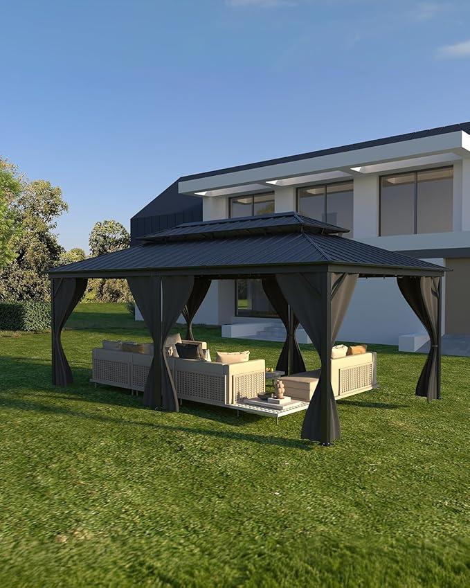 GAOMON Hardtop Gazebo 12'x20' for All Weather, with Double Metal Roof, Aluminum Alloy Frame, Net, and Curtain, Permanent Building of Backyard Luxury for Patio, Deck, Backyard, Lawn, and Garden, Gray