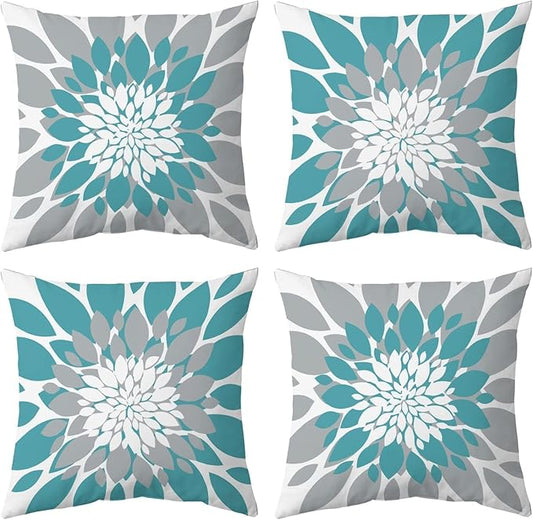 Qahing Pack of 4 Outdoor Waterproof Pillow Covers 20x20 Decorative Outdoor Throw Pillows Garden Square Cushion Cases for Patio Furniture, Couch, Tent Sunbrella, Bench, Teal Turquoise Grey