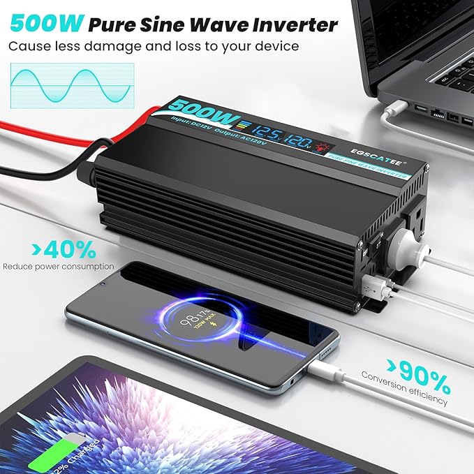 500W Pure Sine Wave Inverter - 12V DC to 110V/120V AC Car Power Converter with 2 AC Outlets, USB Port, Type-C Port, LCD Display Power Inverter for Car, Truck, Home, Vehicles, Laptop