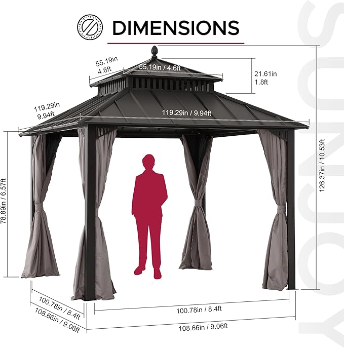 SUNJOY Kingston 10' x 10' Hardtop Gazebo with Galvanized Steel Double Roof, Curtain and Netting, Brown Aluminum Posts Permanent Pavilion Gazebo for Garden, Patio, Deck, Lawn