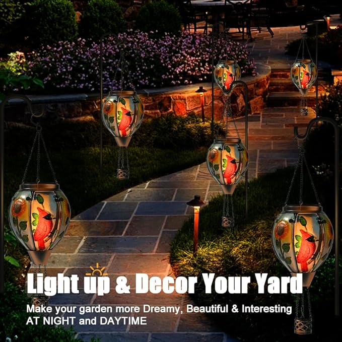 Hot Air Balloon Solar Lantern - Cardinal Bird Glass Lantern, Simulated Flickering & Dancing Flame, Outdoor Hanging Yard Light Waterproof IP65 for Patio Lawn Porch Decor Gift