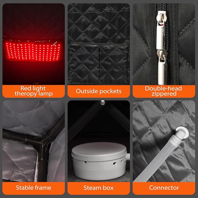 Gollense Portable Sauna for Home with 660nm Red Light Therapy Lamp, Full Body Sauna Sweat Tent with 3L 1100W Steamer, Thicken Sauna Box, Folding Chair, Adjustable Temperature, Timer Setting, Black