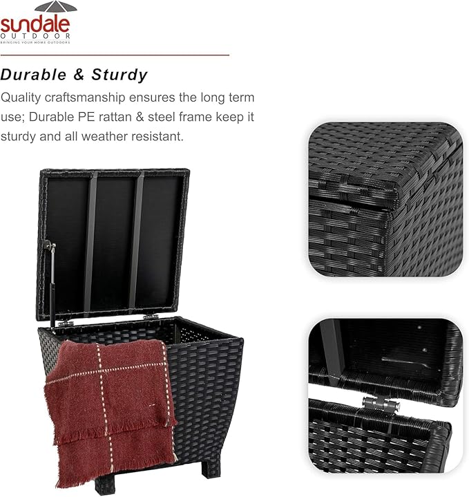 Sundale Outdoor Small Deck Storage Box with Lid, 13 Gallon Small Outdoor Bin Storage Container for Hose Cushions Towels, Patio Black Side Wicker Table with Storage-Steel, Rattan, Square