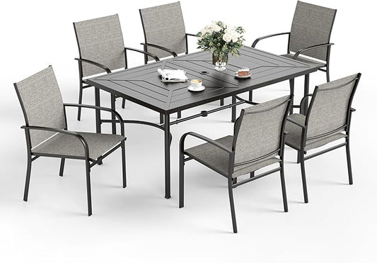 Patio Dining Set for 6, 64" Rectangular Metal Dining Table with Umbrella Hole and 6 Chairs, Outdoor Table and Chairs Set for Lawn Garden Backyard and Deck, Brown