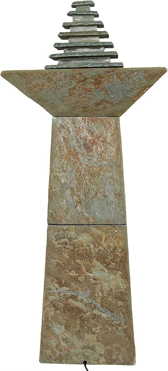 Sunnydaze 40-Inch Slate Outdoor Water Fountain - Layered Pyramid Outdoor Water Feature with LED Lights for Patio, Deck, Garden