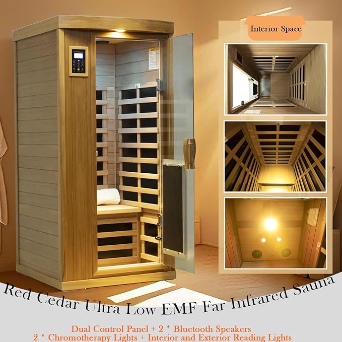 Red Cedar Personal Indoor Infrared Sauna Room, Low EMF Far-Infrared Sauna, Dual LCD Control Panel Inside and Outside,Bluetooth Speaker, Tempered Glass Door with Far Infrared Heating Panel