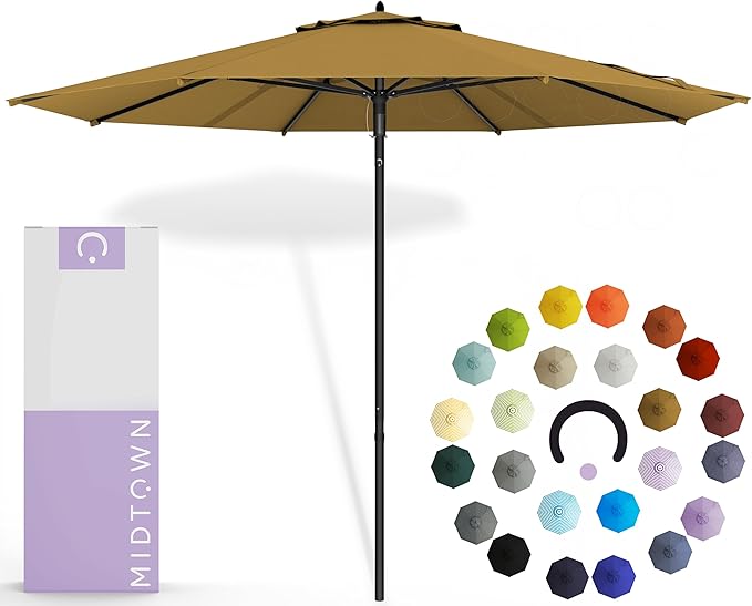 Midtown Umbrellas Push and Pop 9 Feet Outdoor Umbrella, Sand (Tan) Polyester Fabric - Fiberglass Ribs Deck Patio Umbrella, Backyard Umbrella, Garden Umbrella & Pool Umbrella - Black Pole