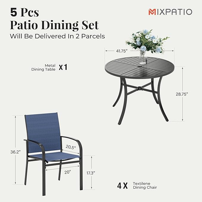 Patio Table and Chairs Set for 4, 5 Pieces Outdoor Dining Set, 4 Blue Textilene Chairs and 42" Metal Round Table with Umbrella Hole, for Deck Garden Backyard Lawn Poolside