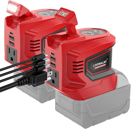 2 Packs Power Inverter Compatible with Milwaukee 18V, LIVOWALNY Real 200W Battery Inverter 18V to 110V, Power Adapter Charger Adapter Power Station Power Supply 2 USB-A & 1 Type-C & 1 AC (No Battery)