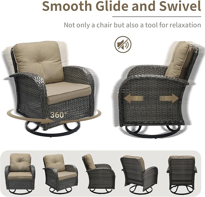 3 Pieces Patio Furniture Set, Outdoor Swivel Rocking Chair Set of 2 with Side Table - 360° Swivel, Thick Cushions, All-Weather Bistro Set for Deck, Porch, Pool(Brown, Grey Full-Weave Rattan)