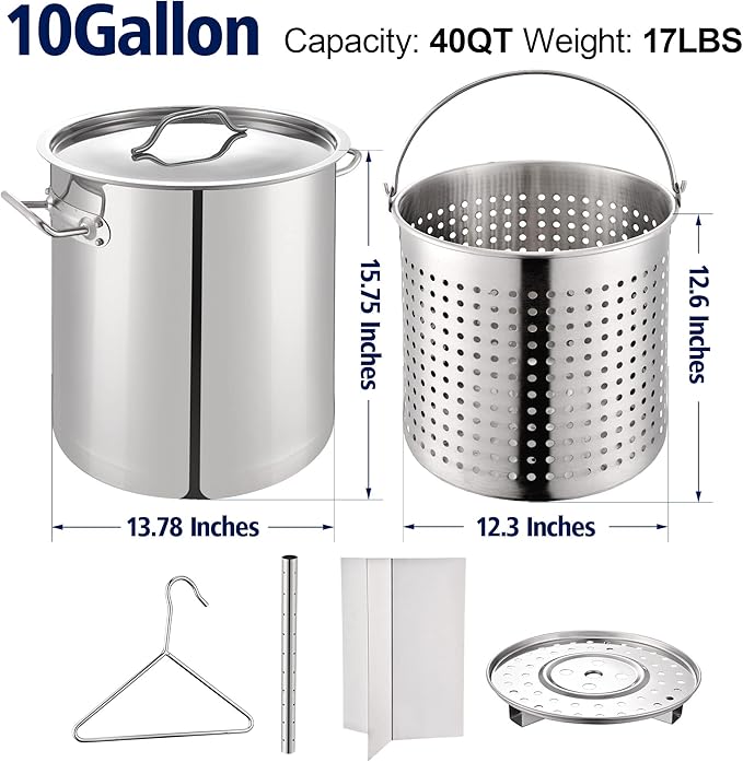 ARC 40QT Seafood Boiling Kit, 200,000BTU Propane Burner and 36" Mixing Paddle, Crawfish Boil Pot w/Basket and Steamer Rack, Outdoors Cooking and Steaming, Large Turkey Fryer Pot, Lobster Shrimp Pot