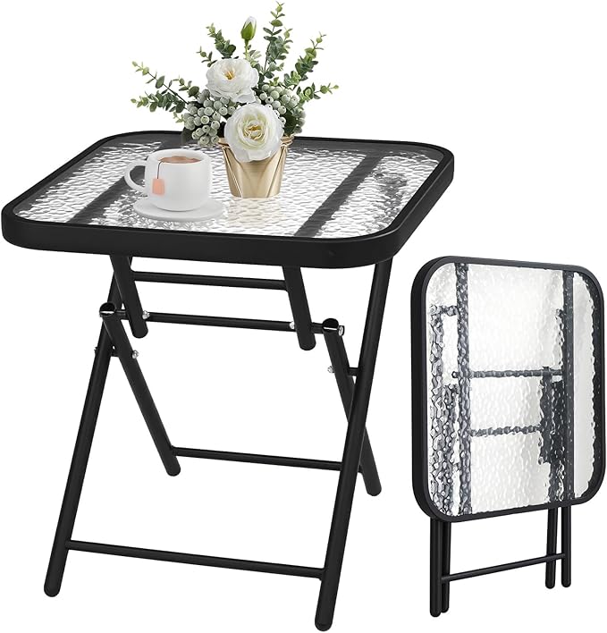 VINGLI Folding Glass Outdoor Side Table, 18 Inches Small Foldable Patio Bistro Table with Tempered Glass Table Top for Lawn & Garden, Balcony, Porch and Pool, Rectangular
