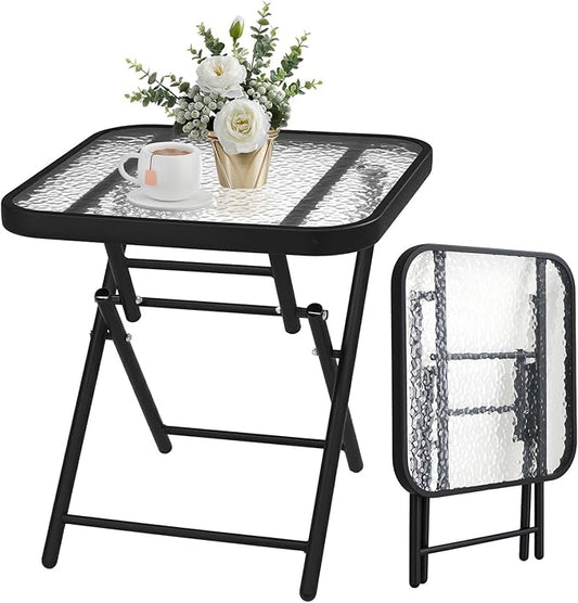 VINGLI Folding Glass Outdoor Side Table, 18 Inches Small Foldable Patio Bistro Table with Tempered Glass Table Top for Lawn & Garden, Balcony, Porch and Pool, Rectangular