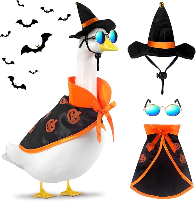 Halloween Goose Outfit and Fall Porch Goose Outfits with Hat & Sunglasses, Cement Plastic Goose Clothes Halloween Costume for 23" Geese Outdoor Patio Yard Lawn Duck Party