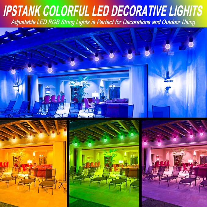96FT Outdoor String Lights, 30 Shatterproof Edison Bulbs, Dimmable Color Changing RGB LED Patio Lights with 2 Remote Controllers. Perfect for Backyard Decorative Lighting