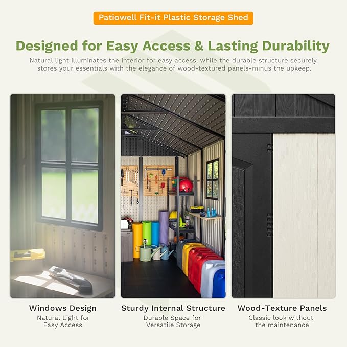 Patiowell 8 x 6 FT Resin Outdoor Storage Shed with Floor, Large Shed with Light and Lockable Door for Garden, Backyard, Tool Storage Use, Easy to Install in Beige (Kick-it Shed)