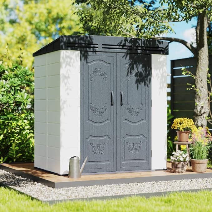 Kingdura 6x4 FT Resin Outdoor Storage Shed with Reinforced Floor, All-Weather Resistant Plastic Garden Outside Bike Tool Shed with Lockable Doors, Window for Backyard Patio Poolside
