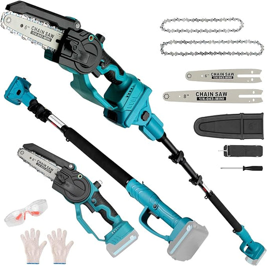 2-in-1 Cordless 8" Pole Saw & Mini Chainsaw Compatible with Makita 18V Battery, Brushless 8 Inch & 6 Inch Telescoping Pole Chainsaw Combo Kit 15 Ft Max Reach for Tree Branches Pruning(Tool Only)