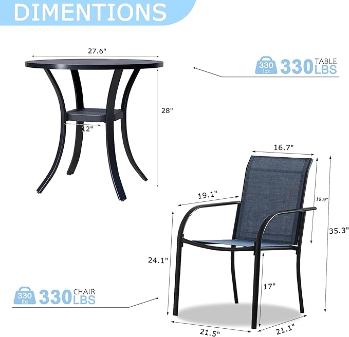 3 Pieces Round Dining Table Set for 2, Patio Dining Set Includes 2 Dark Blue Stackable Patio Chairs and 27.6" Black Metal Round Table, Patio Furniture Sets with Sling Support for Outside, Garden