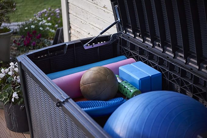 Keter Borneo 110 Gallon Storage Box, All-Weather Wicker Rattan-Style Resin Deck Box and Stylish Outdoor Bench with Piston-Assisted Lockable Lid, Grey