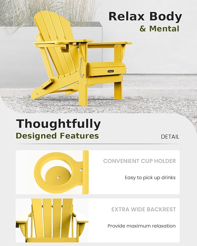 MUCHENGHY Folding Adirondack Chairs Set of 2, Patio Chairs, Lawn Chairs, Outdoor Chair, Adirondack Chair Plastic, Fire Pit, Weather Resistant with Cup Holder for Deck, Backyard, Garden(Olive Yellow)