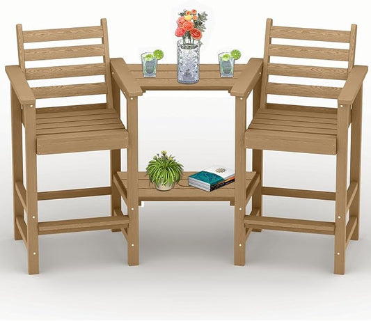 Tall Adirondack Chairs Set of 2, All Weather HDPE Poly Bar Height Balcony Adirondack Chair with Removable Double Connecting Trays, Outdoor Adirondack Barstools for Deck, Patio, Yard, Pool, Lawn