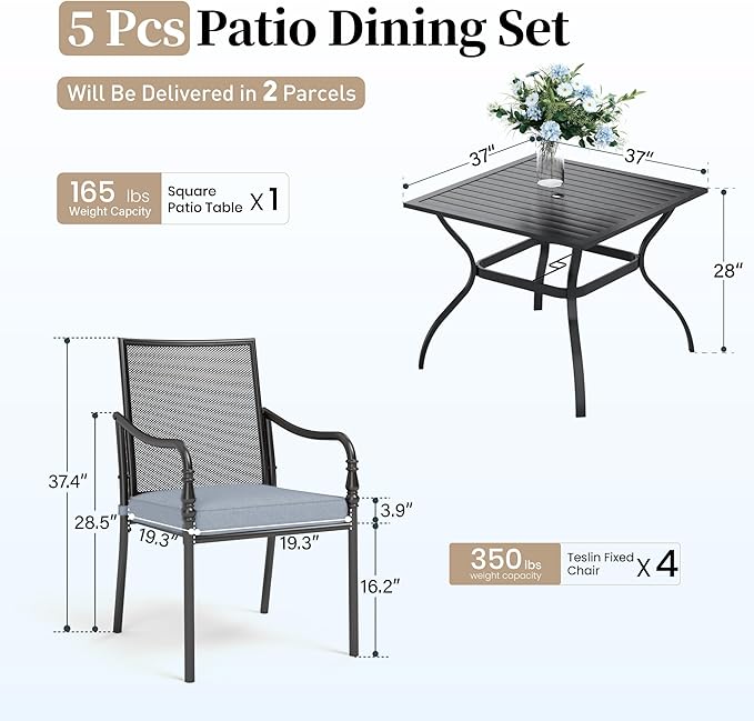Patio Table and Chairs Set of 4, All-Weather Breathable Metal Mesh Patio Chair with Gourd-Shaped Armrests, 37x37 Square Table with Umbrella Hole, 5 Pcs Metal Frame Patio Dining Set
