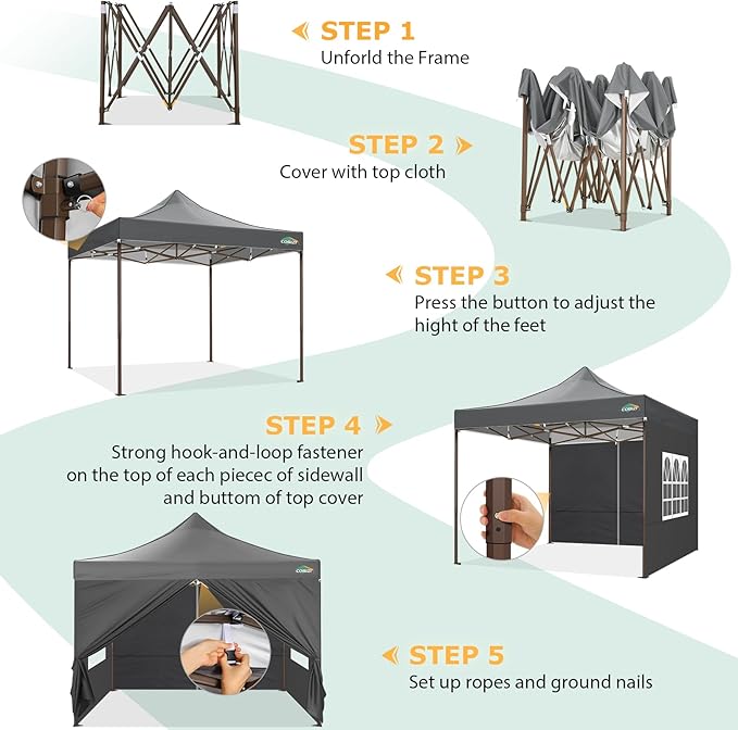 COBIZI 10x10 Pop Up Heavy Duty Canopy with 4 Sidewalls and Hexagonal Legs, Easy up Tent for Events, Parties, Camping, Outdoor Canopy with Portable Bag, Waterproof & UPF50+ (Gray)