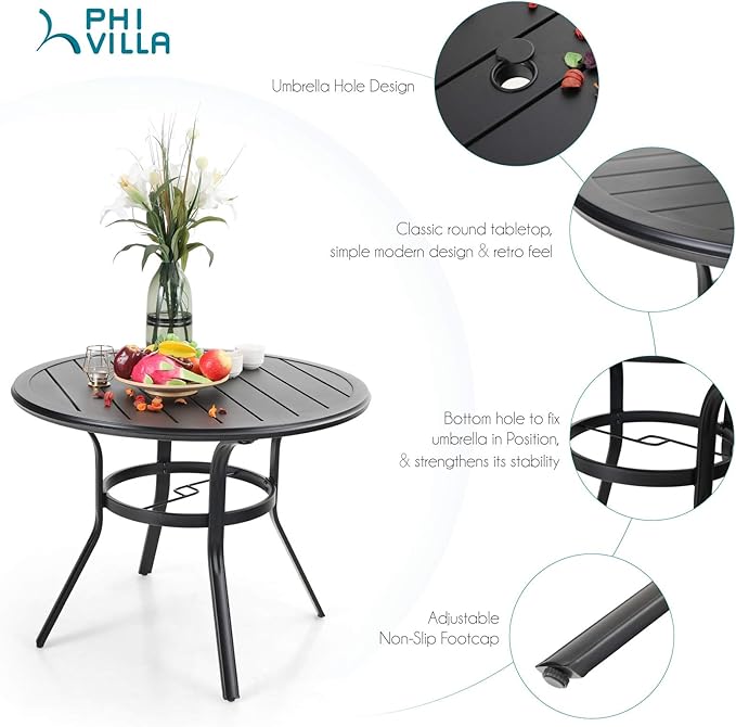 PHI VILLA Patio Dining Set 5 Piece, 4 Padded Textilene Swivel Patio Chairs and 1 Round Metal Table with 1.57" Umbrella Hole, All Weather Resistant for Lawn Garden