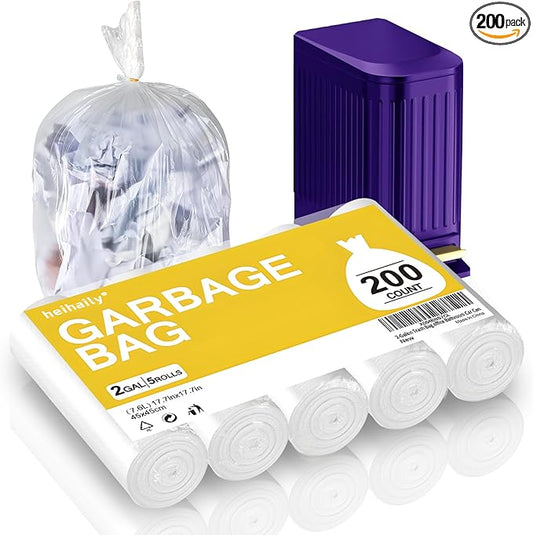 2-Gallon Trash Bag Extra-Small Garbage-Bags - Heihaily Unscented Strong Thick Mini Clear White Bulk 200 Counts Recycling Plastic Liners for Kitchen Office Bathroom Car Can