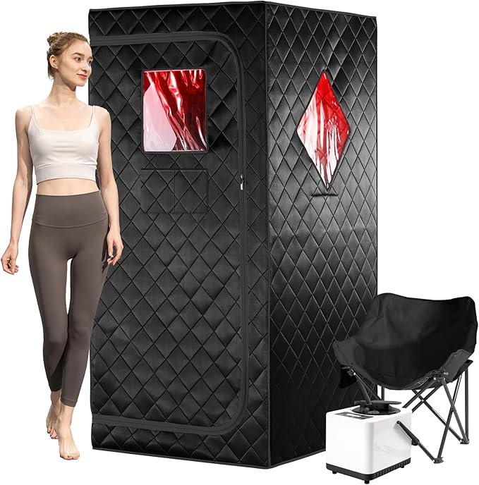Portable Infrared Sauna for Home, One Person Steam Sauna, Full Body Sauna Tent for Relaxation,1 Person Steam Sauna Box with 660nm Red Light Therapy, 3L&1100W Sauna Steamer, Folding Chair