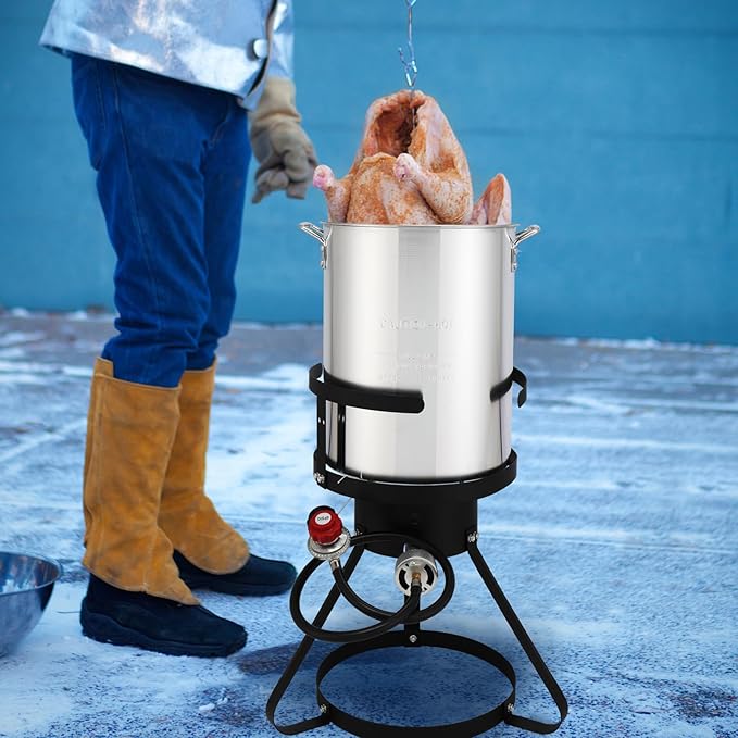 30 Qt Round Turkey Deep Fryer & 10 Qt Fish Fryers,Gas Propane Turkeys Fryer Set,Aluminum Seafood Boil Pot,Turkey Deep Fryers Set,with Propane Gas Burner,for Crab Lobster Shrimp Boiling (Silver)