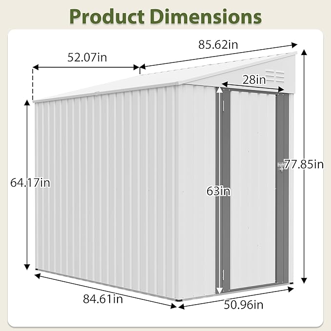4×8 FT Outdoor Metal Storage Shed,Heavy-Duty Lean to Storage Shed with Lockable Door and Reinforced Beams,All Weather Waterproof Storage House W/2 Air Vents,for Backyard,Patio,Lawn,White