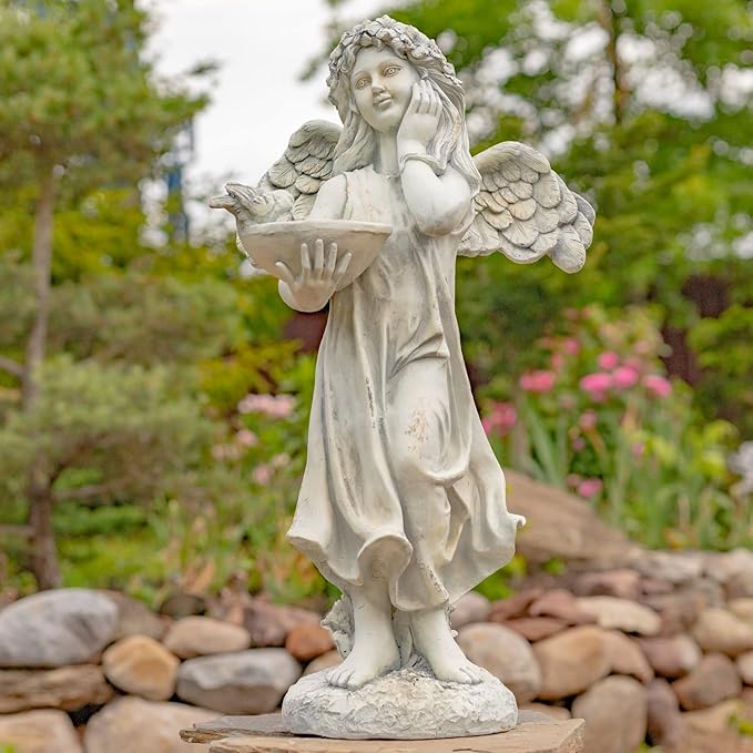 Zaer Ltd. 39" Tall Magnesium Angel Statue Figurines for Outdoor and Indoor Use (Holding a Birdbath Jazmin, Antique White)