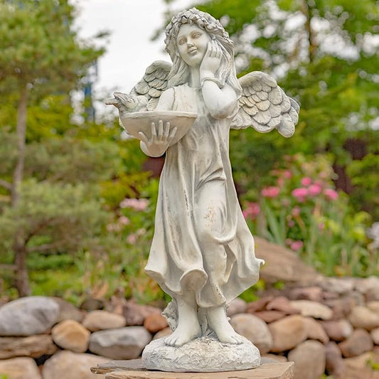 Zaer Ltd. 39" Tall Magnesium Angel Statue Figurines for Outdoor and Indoor Use (Holding a Birdbath Jazmin, Antique White)